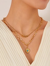 cheap Women&#039;s Necklace-Women&#039;s Elegant Gold-Plated Chain Necklace with Turquoise Center Medallion - Durable Stainless Steel