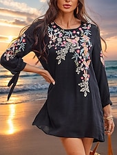 billiga svart mini klänning-Dam Mini klänning Svart klänning Mexikansk klänning Klassisk Boho Dagligen Lös passning Blommig Långärmad Rund hals Svart Sommar Vår