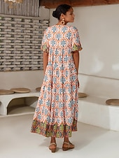 Per donna Vestito a ruota Abito Stampato Abito maxi Arcobaleno Maniche Corte Totem Nazionale Stampa Estate Scollo a V Vacanza Etnico. XS S M economico Abiti floreali-Per donna Vestito a ruota Abito Stampato Abito maxi Arcobaleno Maniche Corte Totem Nazionale Stampa Estate Scollo a V Vacanza Etnico. XS S M