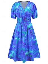 abordables Robes fleuries décontractées-Femme Robe mi-longue Robe casual Robe Évasée Robe Trapèze Robe d&#039;été mode Décontractées Vacances du quotidien Rendez-vous Standard Floral Manche Courte Col V Rose Claire Bleu Orange Vert Eté