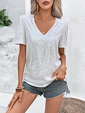 billiga Enkel t-shirt-Dam Mesh skjorta Paljetter Vintage Stylish Sexig Kortärmad V-hals Vanliga toppar Utekväll Helgen Festkläder Aprikosrosa Svart Vit Sommar Vår