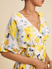 abordables robe décontractée imprimée-robe mi-longue fluide à imprimé floral