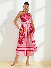 abordables robe décontractée imprimée-Femmes Robe Imprimée Robe maxi Rose Claire Sans manches Fleuri Style Floral Boucle Été Une Épaule Robes Vacances S M L