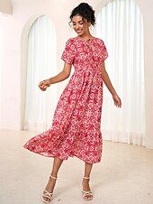 abordables Robes de vacances-robe longue en mousseline de soie à fleurs et feuilles pour femmes, col noué, manches courtes, été