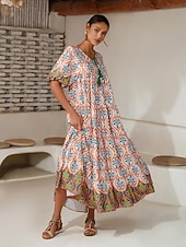 Per donna Vestito a ruota Abito Stampato Abito maxi Arcobaleno Maniche Corte Totem Nazionale Stampa Estate Scollo a V Vacanza Etnico. XS S M economico Abiti floreali-Per donna Vestito a ruota Abito Stampato Abito maxi Arcobaleno Maniche Corte Totem Nazionale Stampa Estate Scollo a V Vacanza Etnico. XS S M