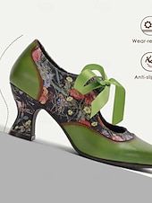preiswerte Mary Jane Pumps-Women's Green Leather Mary Jane Heels with Floral Print, Ribbon Ties, and Retro Style - Perfect for Vintage-Themed Events and Daily Elegance