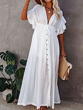 preiswerte Kleider aus Baumwolle und Leinen entwerfen-Damen Maxikleid Leinen-inspirierte Kleider Weißes Kleid Schwingkleid Sommerkleid Streetwear Maxi Basic Urlaub Ferien Strand Lässiger Schnitt Kurzarm V Ausschnitt Schwarz Weiß Khaki Beige Sommer