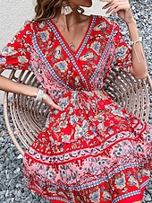 abordables Robes Bohémiennes-Femme Mini robe Robe casual Robe Trapèze Robe d&#039;été robe boheme mode Ethnique Décontractées Vacances du quotidien Rendez-vous Standard Floral Manche Courte Col V Noir Rouge Bordeaux Vert Eté