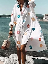 abordables Vestidos casuales blancos-Vestido camisero blanco para mujer, vestido midi, vestido informal para citas, vacaciones, playa, cuello camisero, estampado de botones, manga larga, corte holgado, floral, para verano y primavera