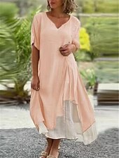 abordables concevoir des robes en coton et lin-Femmes Noir Rose Claire Bleu Été Printemps Robe Midi Robes en coton et lin Robe Décontractée Basique Moderne Quotidien Week-end Coupe Ample Uni Col fendu
