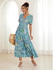 abordables Robes de vacances-robe midi bohème pour femme col en V manches courtes imprimé cachemire évasé été décontracté tissu léger et respirant coloré style bohème vacances vêtements de plage multicolore disponible en