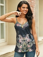 billiga Grafisk butik Tank tops &amp; Camis-Damernas linne topp tunika grund blommigt tryck ärmlös vanlig topp V-hals casual semester svart vin mörkblå grön