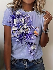 cheap Floral tee-Women&#039;s T-shirt Floral Crew Neck Short Sleeve 3D Butterfly Print Elegant Casual Wear Spring Summer Comfort Fit Purple Multisize Fashion Top