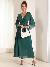 economico Abiti da festa-abito da cocktail per invitati a nozze da donna in chiffon tinta unita con volant intrecciato elegante abito lungo estivo scollo a V svasato manica a 3/4