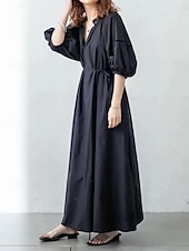 ieftine Rochii Albe Casual-Pentru femei Negru Alb Kaki Vară Primăvară Rochie Maxi Rochie albă Rochie din in bumbac De Bază Modern Zilnic Sfârșit de săptămână Potrivire Largă Simplu În V