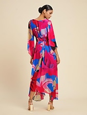 abordables Robes décontractées-Femmes Robe d&#039;invité de mariage Robe d&#039;Été Robe d&#039;été Robe Longue Maxi Robe Rose rouge manche longue Mode Fleurs Fleurs / Plantes Col en V Ourlet irrégulier Style Floral Printemps &amp; Été Col en V