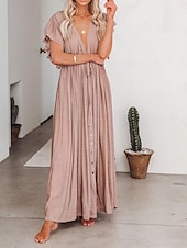 preiswerte Kleider aus Baumwolle und Leinen entwerfen-Damen Maxikleid Leinen-inspirierte Kleider Weißes Kleid Schwingkleid Sommerkleid Streetwear Maxi Basic Urlaub Ferien Strand Lässiger Schnitt Kurzarm V Ausschnitt Schwarz Weiß Khaki Beige Sommer