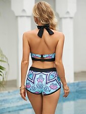olcso Bikiniszettek-Női Szabályos Fürdőruha Bikini 2 darab Merész Fürdőruha Pánt Első nyakkendő Csokornyakkendő Magas derekú Csokor Divat Buli Virágos Színes Pántos Fürdőruhák
