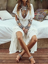 levne Bílé krajkové šaty-Dámské Mini šaty Bílé šaty Swingové šaty Letní šaty Boho šaty Šik ven Maxi Základní Dovolená ulice Rande Běžný Poloviční rukáv Do V Bílá Léto