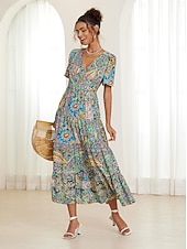 abordables Robes de vacances-robe midi bohème pour femme col en V manches courtes imprimé cachemire évasé été décontracté tissu léger et respirant coloré style bohème vacances vêtements de plage multicolore disponible en