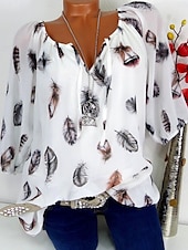 preiswerte Damen Grafik Tops-Damen Boho Bluse Federdruck Langarm V-Ausschnitt Krawattenbänder fließendes Top weiß braun lässig Strand Festivalmode entspannte Passform Frühling Sommer Kleidung