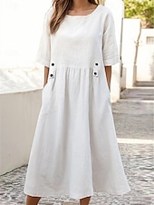 abordables concevoir des robes en coton et lin-Femmes Blanche Violet Vert Été Printemps Robe Midi Robes inspirées du lin Robe Blanche Robe Décontractée Basique Quotidien Week-end Coupe Ample Uni Col ras du cou
