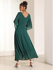 economico Abiti da festa-abito da cocktail per invitati a nozze da donna in chiffon tinta unita con volant intrecciato elegante abito lungo estivo scollo a V svasato manica a 3/4