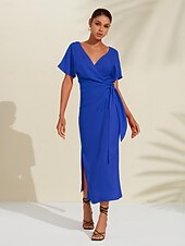 Robe midi portefeuille froncée en lin tencel pour femme orange rouge col en V abordables Robes décontractées-Robe midi portefeuille froncée en lin tencel pour femme orange rouge col en V