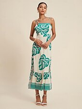 preiswerte Lässiges Kleid mit Aufdruck-Maxikleid mit One-Shoulder-Träger aus Satin mit Palmenblättern
