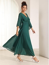 economico Abiti da festa-abito da cocktail per invitati a nozze da donna in chiffon tinta unita con volant intrecciato elegante abito lungo estivo scollo a V svasato manica a 3/4