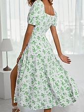 cheap Casual Floral Dresses-Women&#039;s Casual Dress Swing Dress Floral Split Print Square Neck Midi Dress Stylish Casual Daily Date Short Sleeve Summer