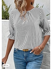 preiswerte Damen Einfache Oberteile-Bluse Damen Schwarz Gelb Rote Vertikale Streifen Print Täglich Elegant Rundhalsausschnitt Regular Fit Laternenärmel S