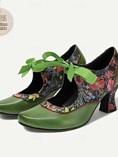 preiswerte Mary Jane Pumps-Women's Green Leather Mary Jane Heels with Floral Print, Ribbon Ties, and Retro Style - Perfect for Vintage-Themed Events and Daily Elegance