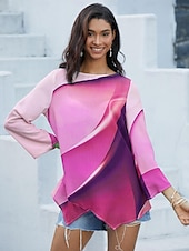 economico Top d&#039;Arte e Design per Donne-Blusa da donna a maniche lunghe con orlo asimmetrico tunica chiffon elegante stampa ombre neon e brillante orlo asimmetrico top lunghi scollo rotondo casual giornaliero rosa viola arancione verde