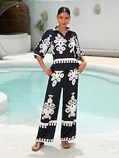 Top de mujer de satén con mangas raglán, media manga, solapa moderna, estampado negro, para vacaciones, informal, para uso diario, primavera, verano y otoño. abordables Blusas y camisas-Top de mujer de satén con mangas raglán, media manga, solapa moderna, estampado negro, para vacaciones, informal, para uso diario, primavera, verano y otoño.