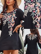 billiga svart mini klänning-Dam Mini klänning Svart klänning Mexikansk klänning Klassisk Boho Dagligen Lös passning Blommig Långärmad Rund hals Svart Sommar Vår