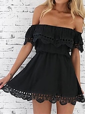 preiswerte Weiße Spitzenkleider-Damen Minikleid Weißes Kleid Freizeitkleid A Linie Kleid Sommerkleid Streetwear Basic Lässig Urlaub Straße Ferien Normale Passform Kurzarm Schulterfrei Schwarz Weiß Sommer