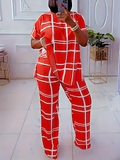 Women's Fashion Shirt Pants Sets Pants Trousers Short Sleeve Round Neck Plaid Print Casual Daily Black Pink Red Spring & Summer Regular Fit3