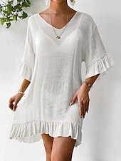 cheap Beach Dresses-Women&#039;s Beach Dresses Mini Dress Backless Ruffle Hem Vacation Beach Streetwear Basic V Neck 3/4 Length Sleeve Black White Color