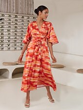 お買い得  プリントカジュアルドレス-女性用 ヘムマキシ マキシドレス ルビーレッド ハーフスリーブ シェーディング プリント 夏 Ｖネック ドレス バケーション S M L