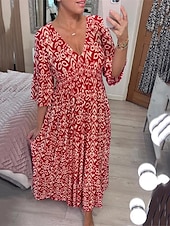 abordables Robes fleuries décontractées-robe décontractée pour femme imprimé floral col en V robe longue robe maxi ethnique décontractée tous les jours vacances manches 3/4 été
