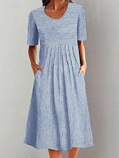billige T skjortekjoler-kvinners genser kjole stripe ruched print rund hals midi kjole elegant bohemia hjem daglig sommer