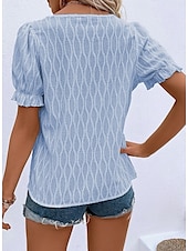 cheap Plain tee-Women&#039;s White Elegant Lace Tops Eyelet Blouse Dressy Tops Plain Regular Tops Short Sleeve Puff Sleeve V Neck Lace Regular Fit Vacation Daily Romantic Petite Tops Summer Holiday Wear Blue Purple Khaki