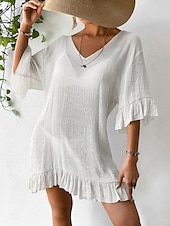 cheap Beach Dresses-Women&#039;s Beach Dresses Mini Dress Backless Ruffle Hem Vacation Beach Streetwear Basic V Neck 3/4 Length Sleeve Black White Color