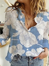 abordables Camisas-Mujer Camisa Camisas de algodón y lino Abotonar Blusa Floral Casual Manga Larga Cuello Camisero Tops regulares Vacaciones Diario Botones Estampado Negro Azul Piscina Verde Trébol Primavera verano