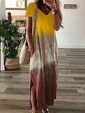 billige Uformelle blomsterkjoler-kvinners fritidskjole t-skjortekjole t-skjorte tie dye lommetrykk v-hals lang kjole maxikjole stilig uformell daglig date kortermet sommer