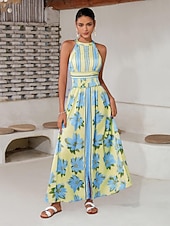 preiswerte Elegante Blumenkleider-Damen Neckholder-Kleid Kleid drucken Maxidress Gelb Blau Ärmellos Blumen / Pflanzen Rückenfrei Elastische Taille Print Sommer Halfterhals Urlaub XS S M