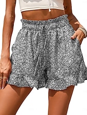 baratos Shorts-Mulheres Calção Casual Diário Curto Floral Frufru Com Cordão Bolsos laterais Respirabilidade Confortável Sem Elasticidade Para Noite Final de semana Vermelho Azul Verde Cinzento Verão Normal