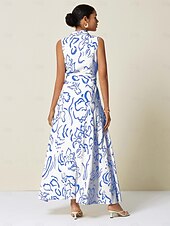 levne Květinové šaty-Dámské letní maxi šaty bez rukávů s áčkovým límcem a páskem, tvarované kapsy, látka v pase, slim fit, modrá, zelená, béžová