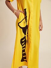 voordelige Bloemenjurken-Dames Zoom Maxi Maxi-jurk Geel Korte mouw Grafische prints Karakters Dichtknopen Zak Zomer V-hals Jurken XS S M